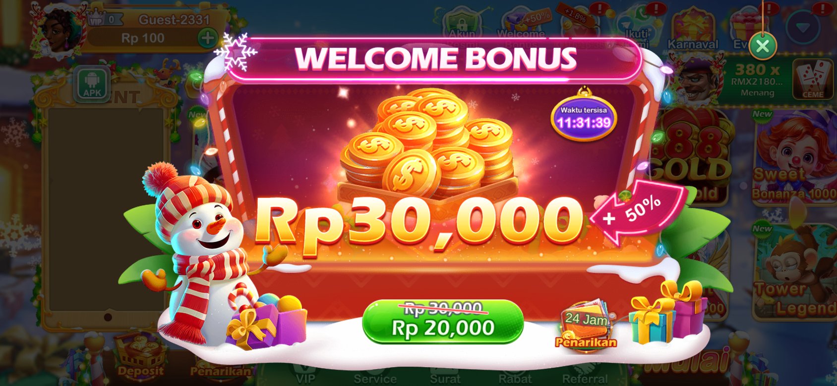 Bonus selamat datang K3K3 Apk Mod Y 943 dengan diskon spesial untuk pengguna baru.